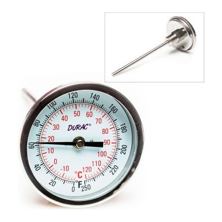 BEL-ART H-B DURAC Bi-Metallic Dial Thermometer, -20 to 120C 0 to 250F, 1/2in NPT Threaded , 75mm Dial 613107600